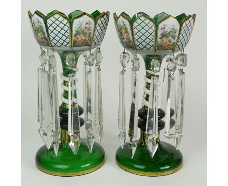 Pair Antique Bohemian Glass Mantle Lusters with Glass Snake Wrap. Hand painted enamel and parcel gilt. Long prisms. Unsigned.