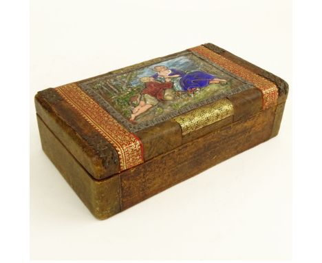 Antique Continental Enamel Plaque Mounted on Leather Covered Wood Box. Unsigned. Surface wear and minor losses. Measures 2" x