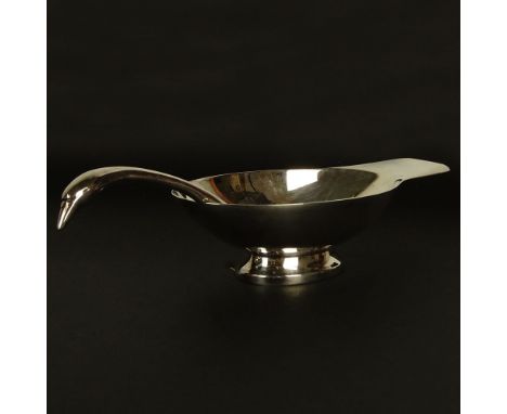 Christofle Gallia Cygne Swan Silver Plate Gravy Boat & Ladle. Signed. Light scratches from use. Saucier Measures 8"L, Ladle  