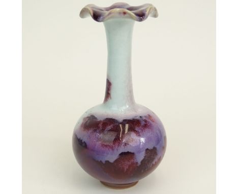 Fine Antique Chinese Flambé Glazed Bulbous Vase With Ruffled Rim. Signed with 4 character mark on bottom. Light crazing or go