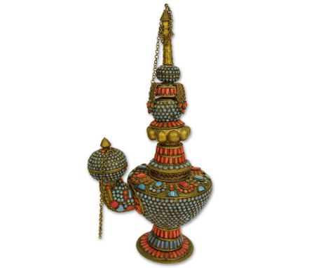 Vintage Indian Nepal Turquoise Coral and Brass Ceremonial Oil Lamp. Unsigned. Good condition. Measures 11-1/2" H. Shipping $3