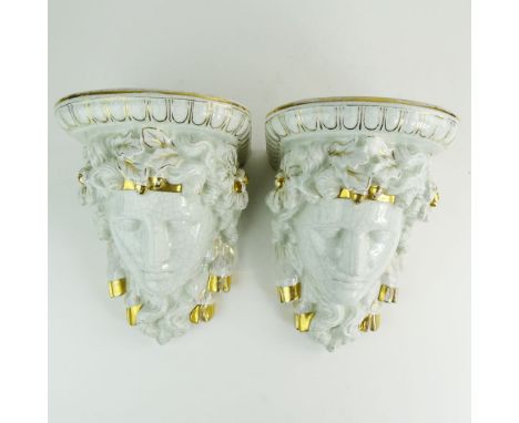 Pair of Modern Figural  Porcelain Wall Brackets. Each depicting a bust of Bacchus. Unsigned. Intentional crazing, light wear 