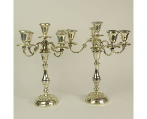 Pair of Gorham Weighted Silver 5 Light Candelabra. Signed. Dings, bends or in good vintage condition. Measures 14-1/2" H x 10