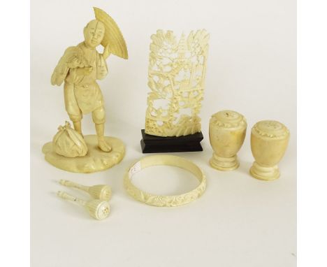 Miscellaneous Lot of Carved Ivory Including: a Japanese Peasant Figure, Unsigned; a Miniature Chinese Table Screen on stand, 