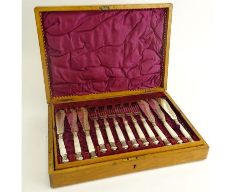 Fine Quality English Silver Plate and Mother of Pearl Fish Service Including Twelve (12) Fish Forks and Twelve (12) Fish Kniv