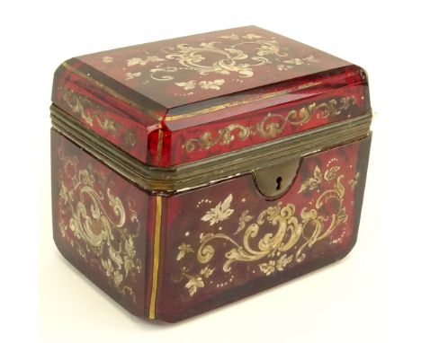 Antique Enameled Ruby Glass Sugar Casket. Mounted in brass, no key. Unsigned. Wear from use and age. Measures 4" H x 5" W x 3