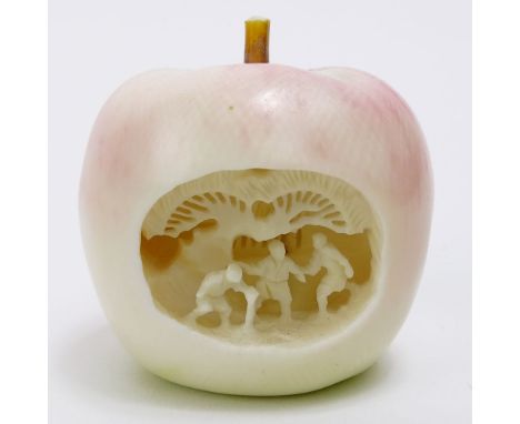 Vintage Chinese Miniature Carved Ivory Apple With Three Figures Under a Tree. Unsigned. Good condition. Measures 2". This ite