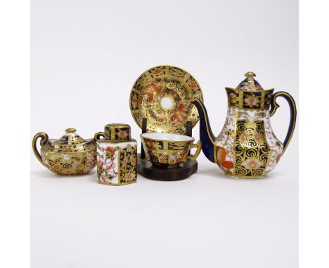 Five (5) Pieces Royal Crown Derby Imari Miniature Tea Set. Includes coffee pot, tea caddy, sugar bowl, cup and saucer. Signed