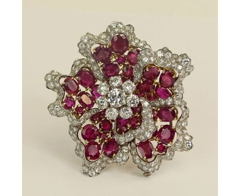 Vintage David Webb Diamond, Ruby, Platinum and 18 Karat Yellow Gold Flower Brooch set with approx. 14.75 Carat Round Brillian