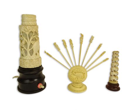 Three (3) Piece Lot Of Vintage Ivory. Includes a miniature elephant tower, a carved toothpick holder, carved luminaire 7-1/2"