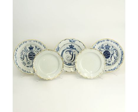 Collection of Five (5) Antique Meissen Porcelain Plates. Includes a pair with gold decorated rims. Signed, Wear, measures 8-3