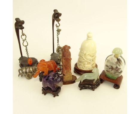 Lot of 8 Chinese Miniatures. Includes Ivory carved snuff bottle, reverse painted glass snuff bottle, celadon jade horse, agat