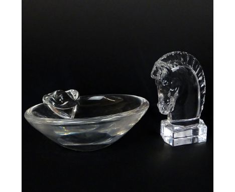 Two Pieces Steuben Art Glass. Includes a Horse Head Paperweight 5" unsigned. Ashtray 6-1/2" dia. Signed, scratches on bottom 