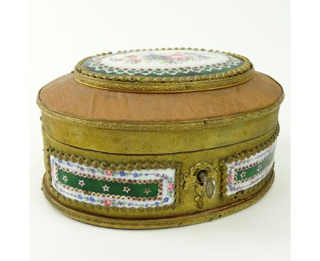 Antique French Cloth Covered Wood Trinket Box with Hand Painted Porcelain Plaques. Key Included. Light wear or in good condit