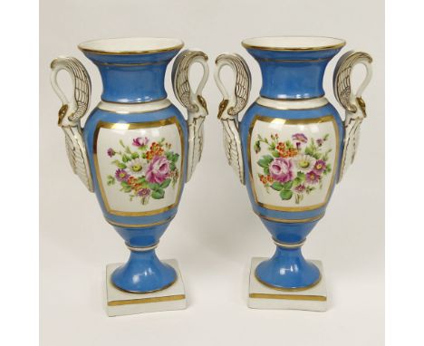 Pair of Antique Sevres Bleu Celeste Hand Painted Porcelain Bolted Urns With Swan Handles. Signed With Crown Over N mark. Ligh