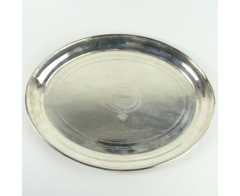 19th Century German Silver Oval Tray. Inscribed with date 1875. Signed. Light dings and surface wear. Measures 18-1/4" x 14-1