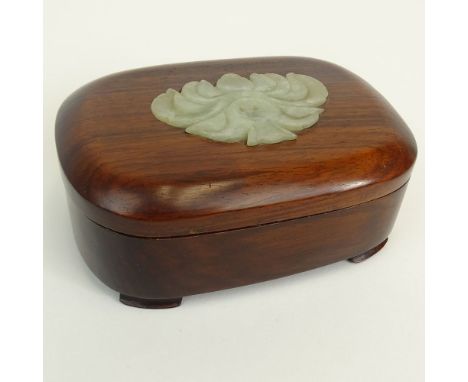 Antique Chinese Carved Translucent White Jade Button Affixed to a Later Rosewood Box. Unsigned. Small loss to interior rim of