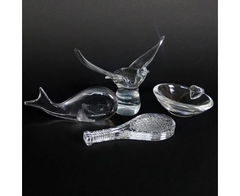 Lot of Four (4) Art Glass Figurines. Includes Waterford Tennis Racket, good condition measures 7"; Kosta Jonah In The Whale (