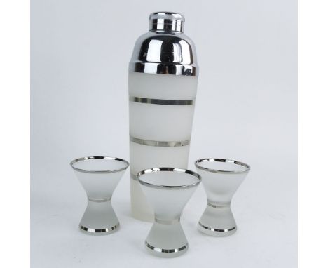 Mid Century Frosted Glass and Chrome Cocktail Shaker With Three Glasses. Unsigned. Light surface wear from use and age. Measu