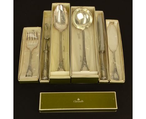 Lot of Six (6) Christofle "Marly" Silver Plate Serving Pieces. Includes: 2 pc carving set, 2 pc fish set, large ladle, stuffi