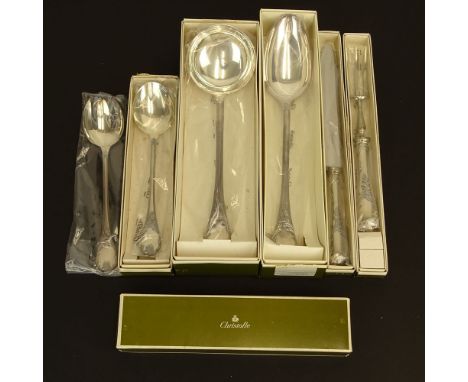 Lot of Six (6) Christofle "Marly" Silver Plate Serving Pieces. Includes: 2 pc salad set, 2 pc carving set, large ladle, stuff