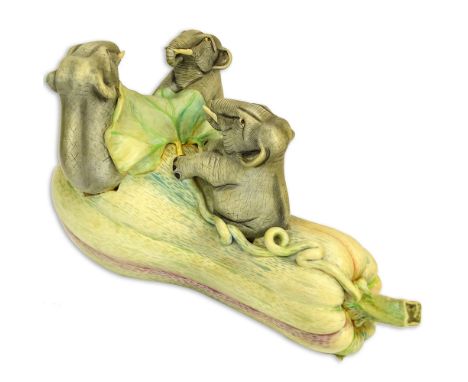 Sergio Bustamante, Mexican (1942) Ceramic Sculpture "Elephants and Eggplant" Signed. Minor ding on stem or in good condition.