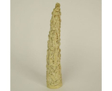 Antique Chinese Carved Ivory Tusk with Intricate Scene with Figures. Unsigned. Good condition. Measures 10-1/4" H, 2" W at ba