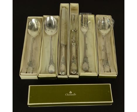 Lot of Six (6) Christofle "Marly" Silver Plate Serving Pieces. Includes: 2 pc salad set, 2 pc carving set, meat fork, serving