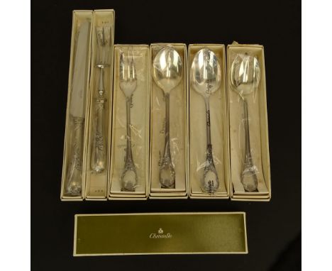 Lot of Six (6) Christofle "Marly" Silver Plate Serving Pieces. Includes: 2 pc salad set, 2 pc carving set, meat fork, serving