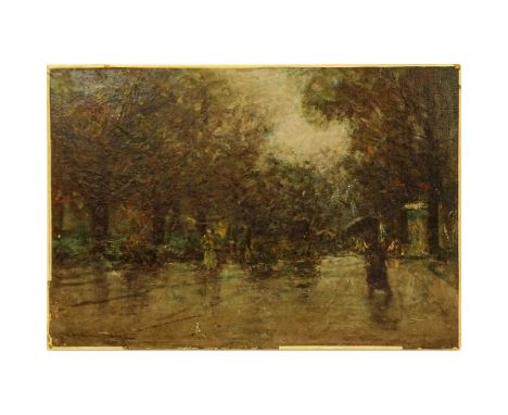 Kamaroni Kacks, Czechoslovakian (19/20th C) Oil on Canvas Laid Down on Board "Rainy Day Street" Signed lower left.  Light wea