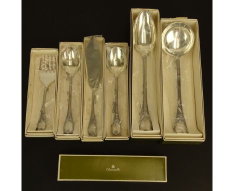 Lot of Six (6) Christofle "Marly" Silver Plate Serving Pieces. Includes: 2 pc salad set, 2 pc fish set, large ladle, stuffing