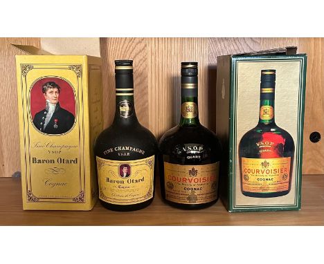 A vintage bottle of Courvoisier V.S.O.P Cognac and a bottle of Baron Otard V.S.O.P Cognac, both boxed