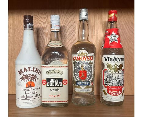 Four bottles of spirits a Malibu, a Jose Cuvvo Tequila, a Zamoyski Vodka and a Vladivar Vodka 