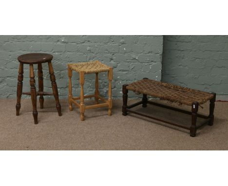 A Victorian ash kitchen stool and two sea grass stools.