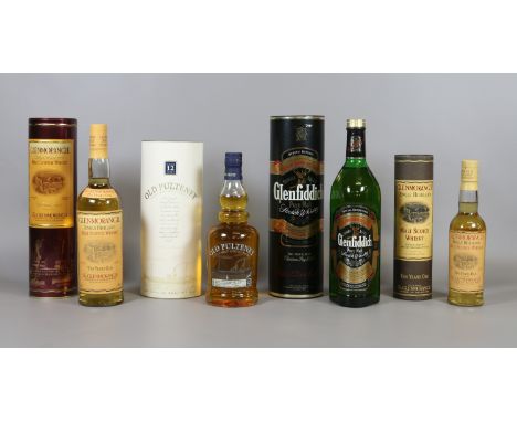 Four boxed and unopened bottles of single malt Scotch whisky; 1 litre of special reserve Glenfiddich, 70cl of old Pulteney ag