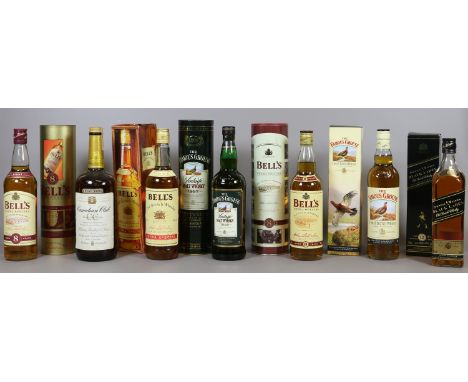 Six boxed and unopened bottles of blended Scotch Whisky including Johnnie Walker black label, Bells and The Famous Grouse, al
