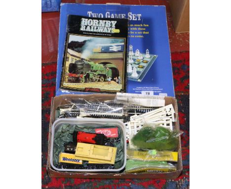 A glass chess set and a small collection of Hornby OO gauge model railway including 0-4-0 Desmond tank engine.
