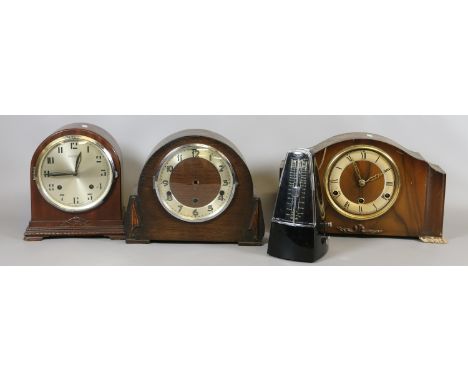 A Bravingtons mahogany cased mantel clock, two other mantel clocks (AF) a metronome and a quartz president clock.