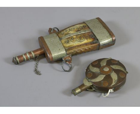 In Islamic horn powder flask with copper and white metal mounts, along with a similar smaller flask. 