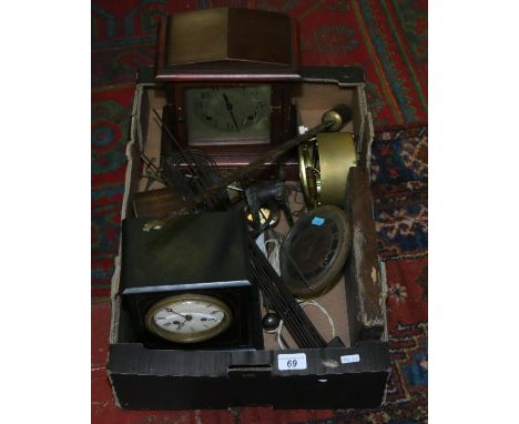 A box of mantel clocks and clock parts to include Victorian slate mantel clock.