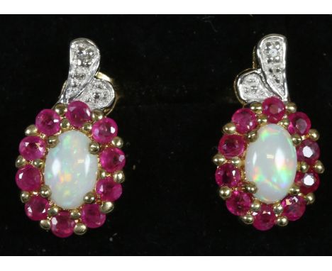 A pair of 9ct gold stud earrings set with opal with a halo of rubies.