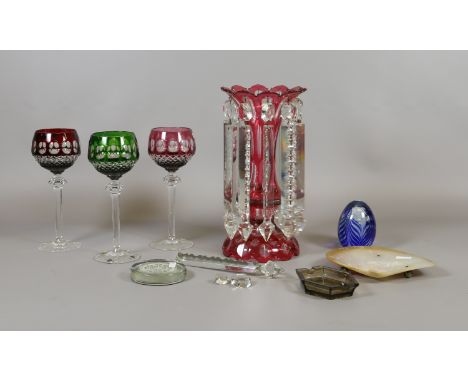 A cranberry glass lustre, two paperweights, mother of pearl dish, Dom Perignon advertising glass ashtray and three coloured B
