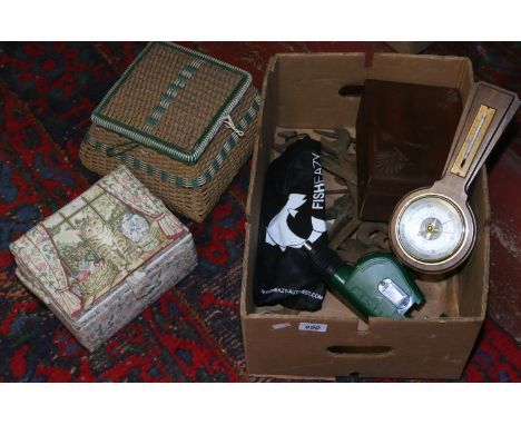 A box of miscellaneous items to include vintage spanners, sewing boxes, barometer etc.