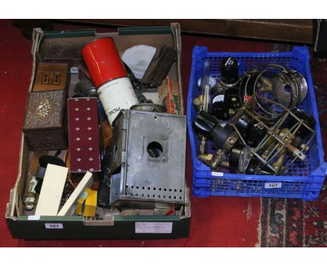 Two boxes of miscellaneous and collectables to include various inlaid boxes, flat irons, lantern, welding pressure regulators