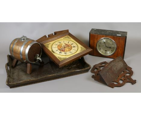 A tray of items to include Garrard mantel clock, wall pocket, miniature barrel, wall clock etc.