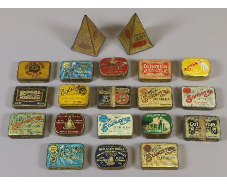 A box quantity of tinned record player needles to include Songster, golden pyramid and Embassy examples.