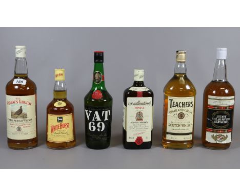 Six unopened bottles of blended Scotch Whisky; The Famous Grouse, VAT 69, Ballantines, Teacher, White Horse and Stewarts crea