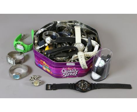 A tin of mixed wristwatches to include C&C, Casio, Morgan, Kingstow examples etc.