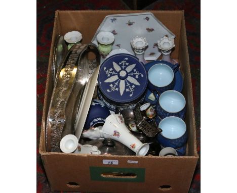 A box of ceramics and silver plate to include Wedgwood, Denby and Viners tea service on gallery tray.