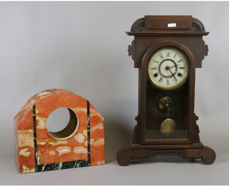 A mahogany cased mantel clock with Arabic numeral dial enclosing twin train movement along with a marble mantel clock case.